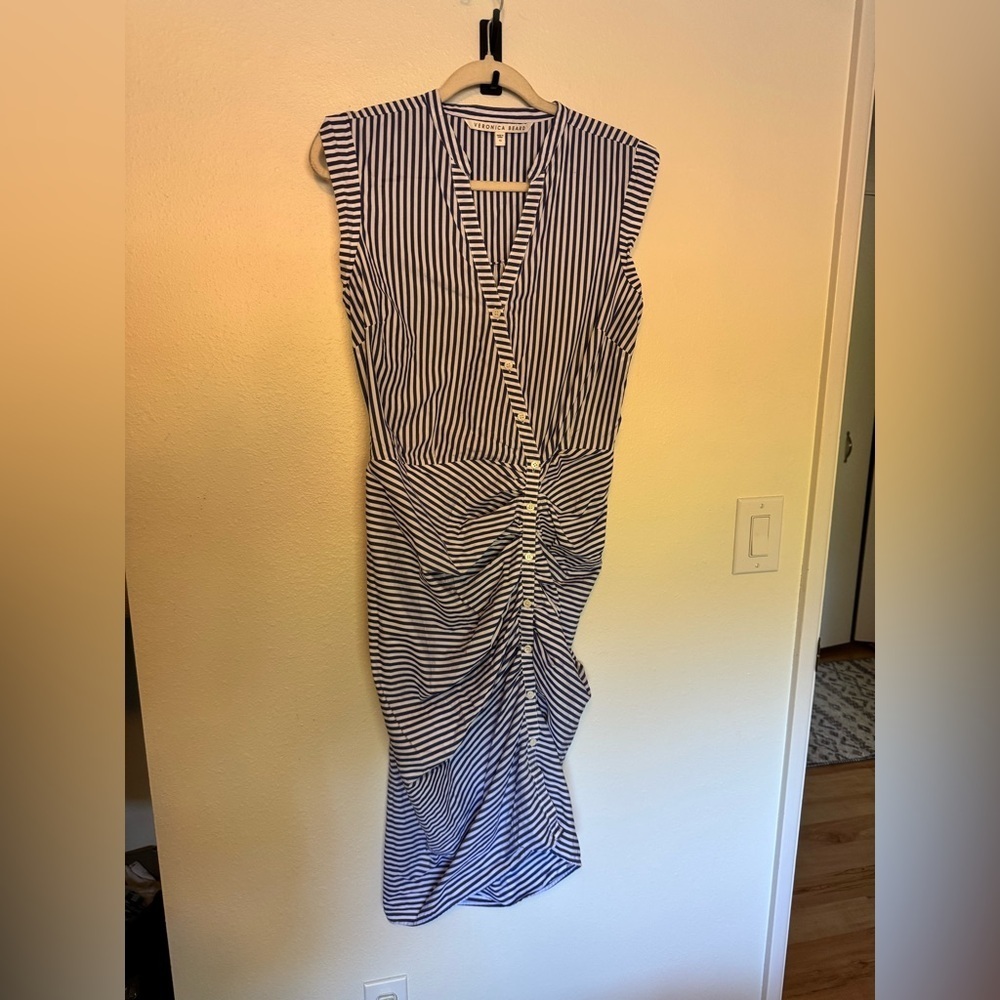 Veronica Beard Ruched Striped Cotton Shirt Dress Sleeveless Size 10 Blue EUC - Picture 6 of 13